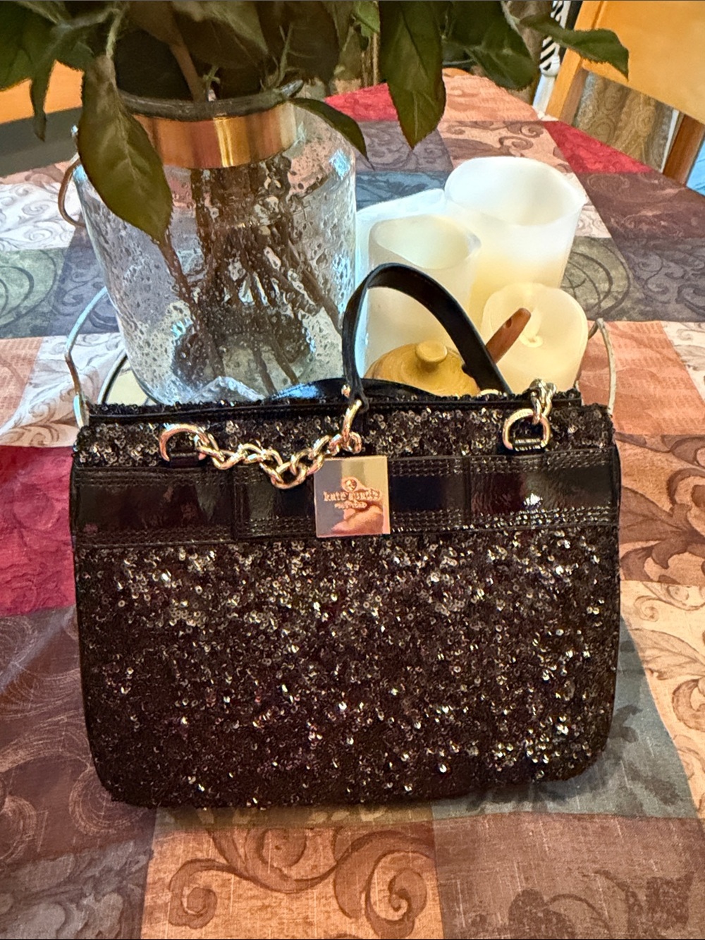 kate spade black sequin satchel with gold chain trim